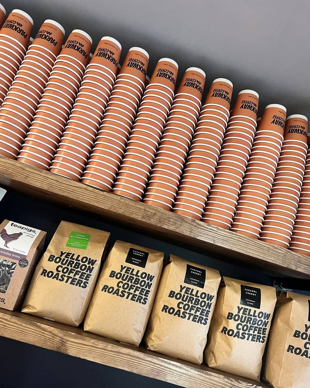 parkway coffee northampton shelf with yellow bourbon coffee on